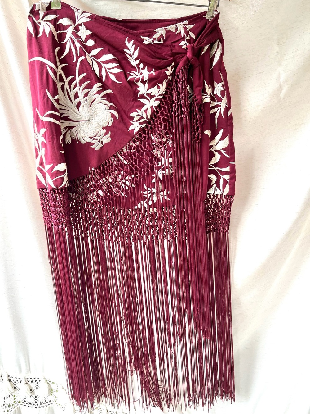Zara Pareo Skirt with Embroidery & Fringe Burgundy White - Picture 8 of 16